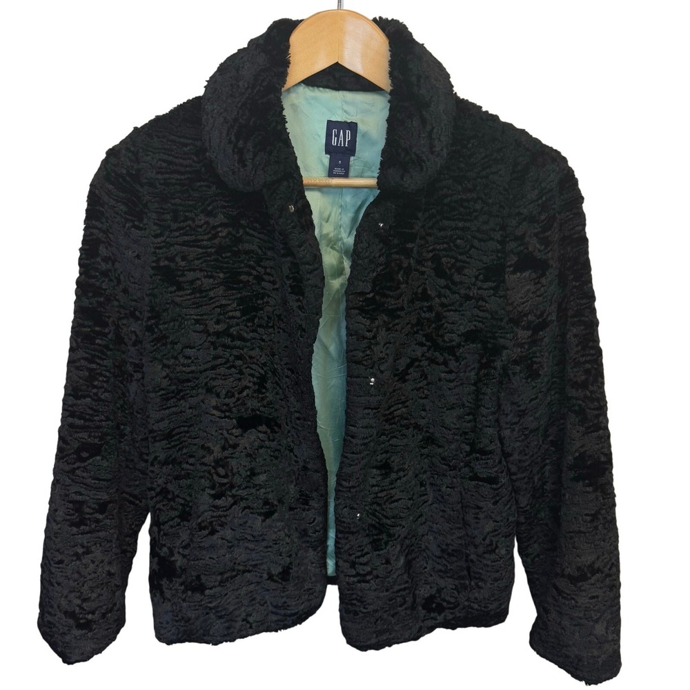 GAP Black Crushed Velvet Faux Fur Collared Jacket Mint Satin Lining Women's S